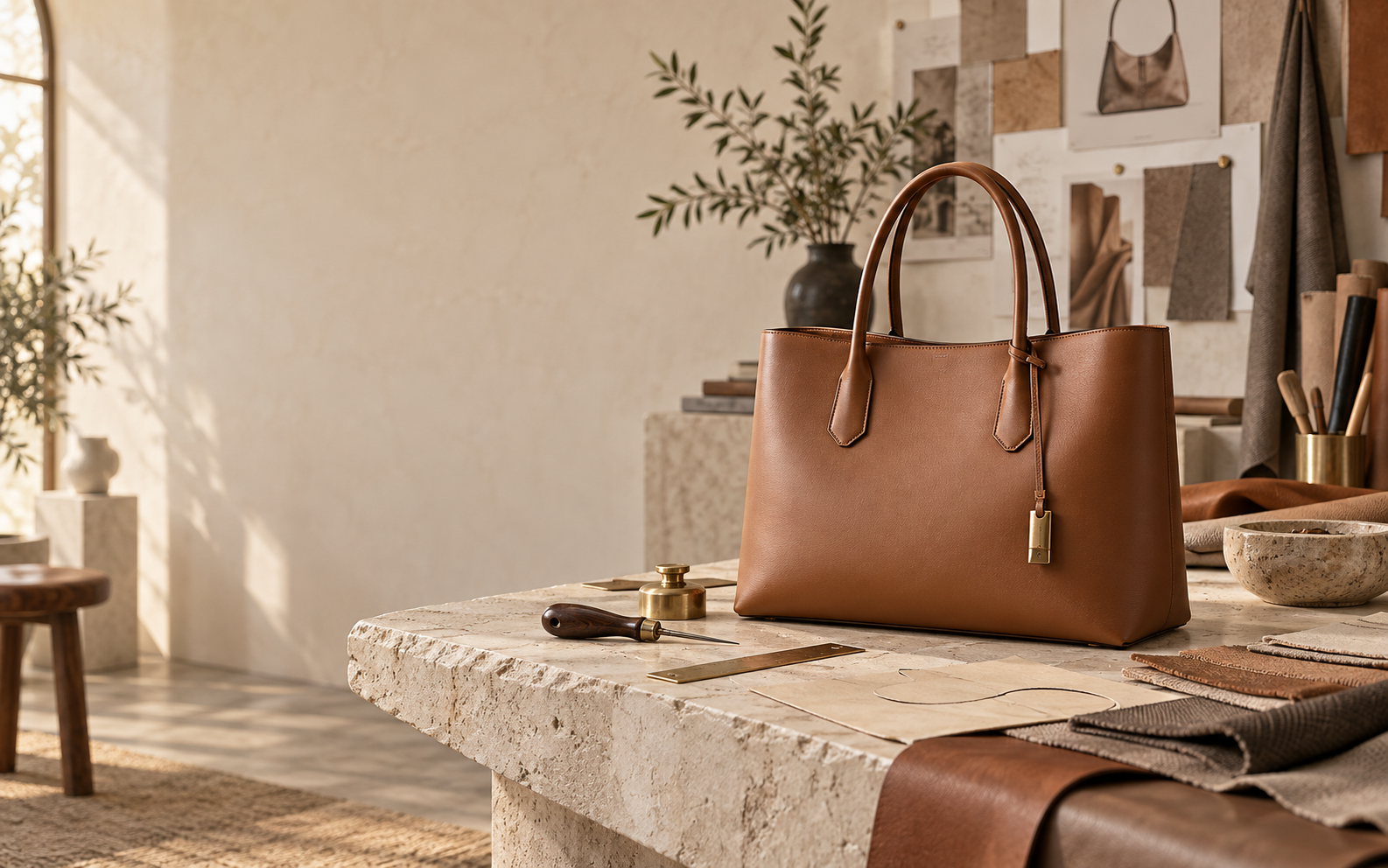 Premium handbag and material swatches in a design atelier