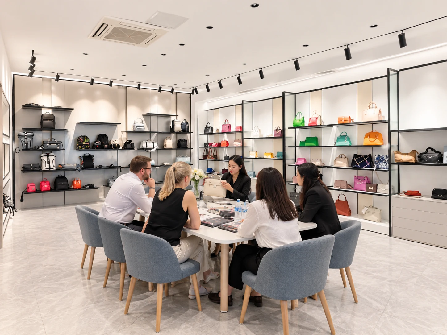 Handbag showroom consultation around a meeting table
