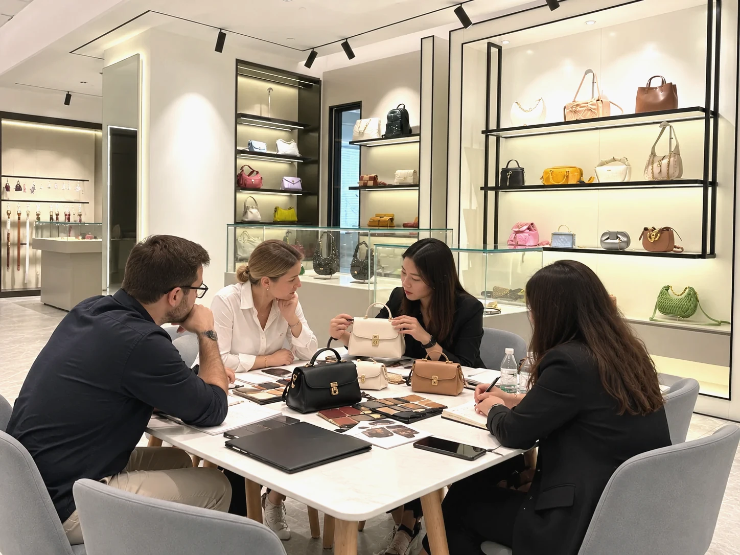 Discussing handbag samples and materials with a client